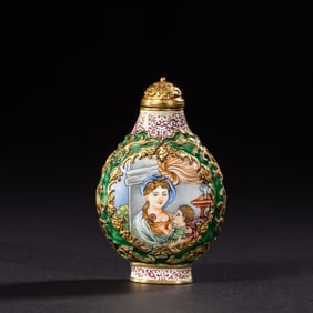 RARE AND MAGNIFICENT IMPERIAL GILT-COPPER AND ENAMEL 'EUROPEAN SUBJECT' SNUFF BOTTLEMARK AND PERIOD