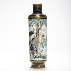 A RARE AND FINELY PAINTED FAMILLE ROSE 'BIRDS AND FLOWERS' CYLINDRICAL VASE QIANLONG SIX-CHARACTER