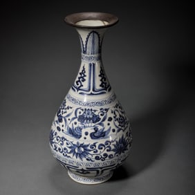 A RARE BLUE AND WHITE 'MANDARIN DUCKS' PEAR-SHAPED VASE (YUHUCHUNPING)YUAN DYNASTY TO EARLY MING