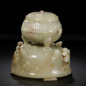 A RARE AND MAGNIFICENT TWO-PIECE NEPHRITE JADE TRIPOD CENSER AND 'BEARS' STANDMING DYNASTY OR