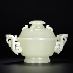 A MAGNIFICENT AND RARE WHITE JADE ARCHAISTIC CENSER AND COVERQIANLONG PERIOD (1736–1795)