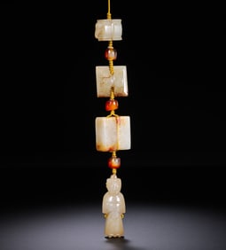 A RARE SET OF THREE WHITE JADE APOTROPAIC PENDANTS:SINAN ,GANGMAO , ANDWENGZHONGHAN DYNASTY OR LATER