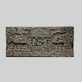 A MONUMENTAL AND RARE BLUESTONE HIGH-RELIEF ARCHITECTURAL PANELTANG DYNASTY (618–907 AD)