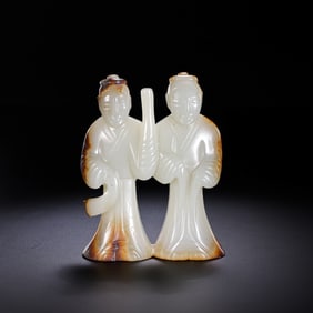 A RARE AND IMPORTANT HETIAN WHITE JADE DOUBLE-FIGURAL SCULPTUREWARRING STATES TO HAN DYNASTY (C. 4TH
