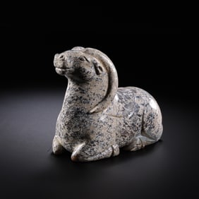 A RARE AND MAGNIFICENT HETIAN WHITE JADE RECUMBENT RAMWARRING STATES TO HAN DYNASTY (C. 4TH CENTURY