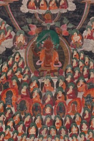 16-17A COMPLETE PAINTED GREEN TARA THANGKA MADE OF COWHIDE FROM THE 19TH CENTURY IN TIBET.
