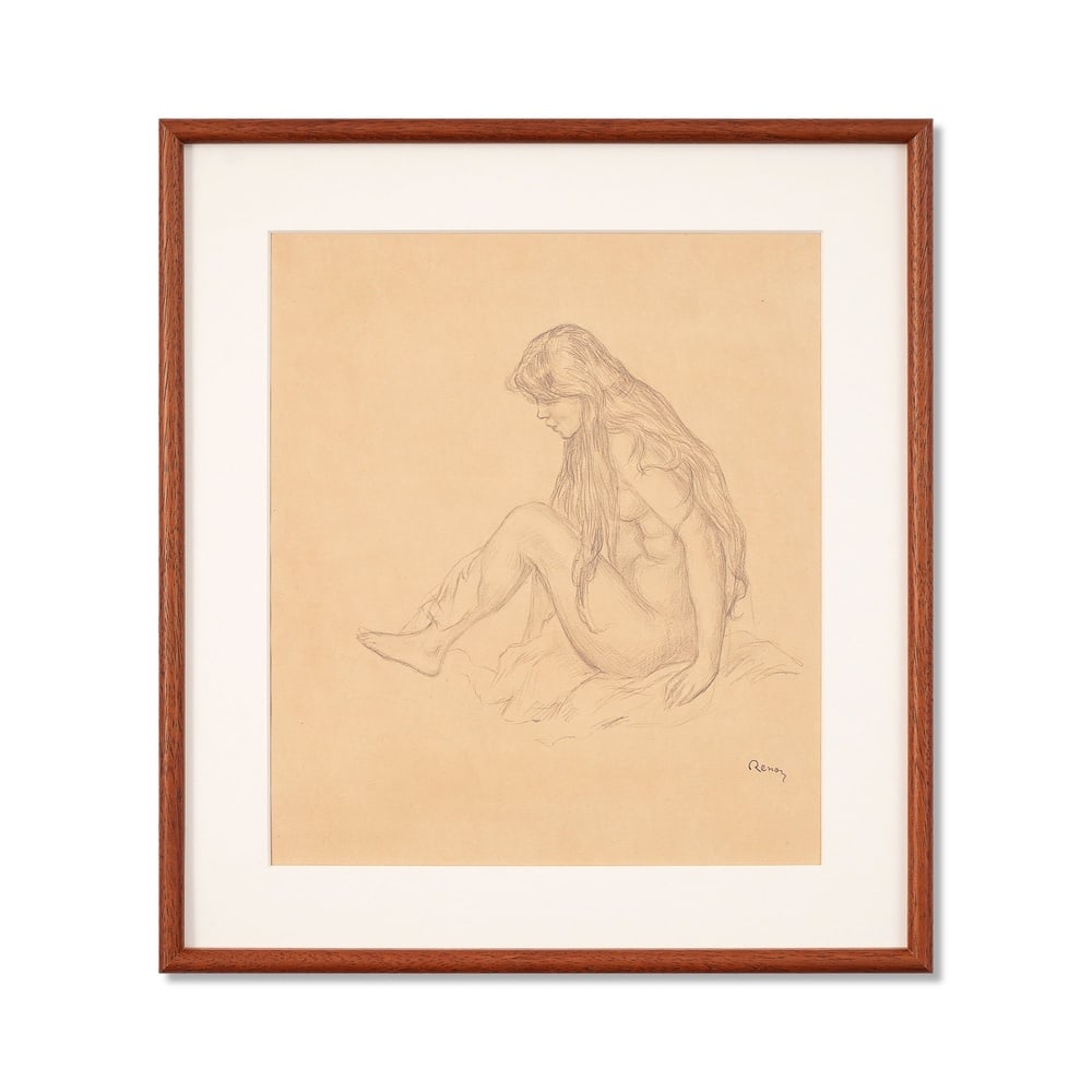 PIERRE-AUGUSTE RENOIR (1841-1919), ATTRIBUTED TO, PENCIL ON PAPER: Signed (lower right) Image Dimensions: 13 x 15 in (33 x 38 cm) Framed Dimensions: 19 3/4 x 17 3/4 in (50 x 45 cm) This painting comes with COA. Pierre-Auguste Renoir's Seated Female Nude from 1890