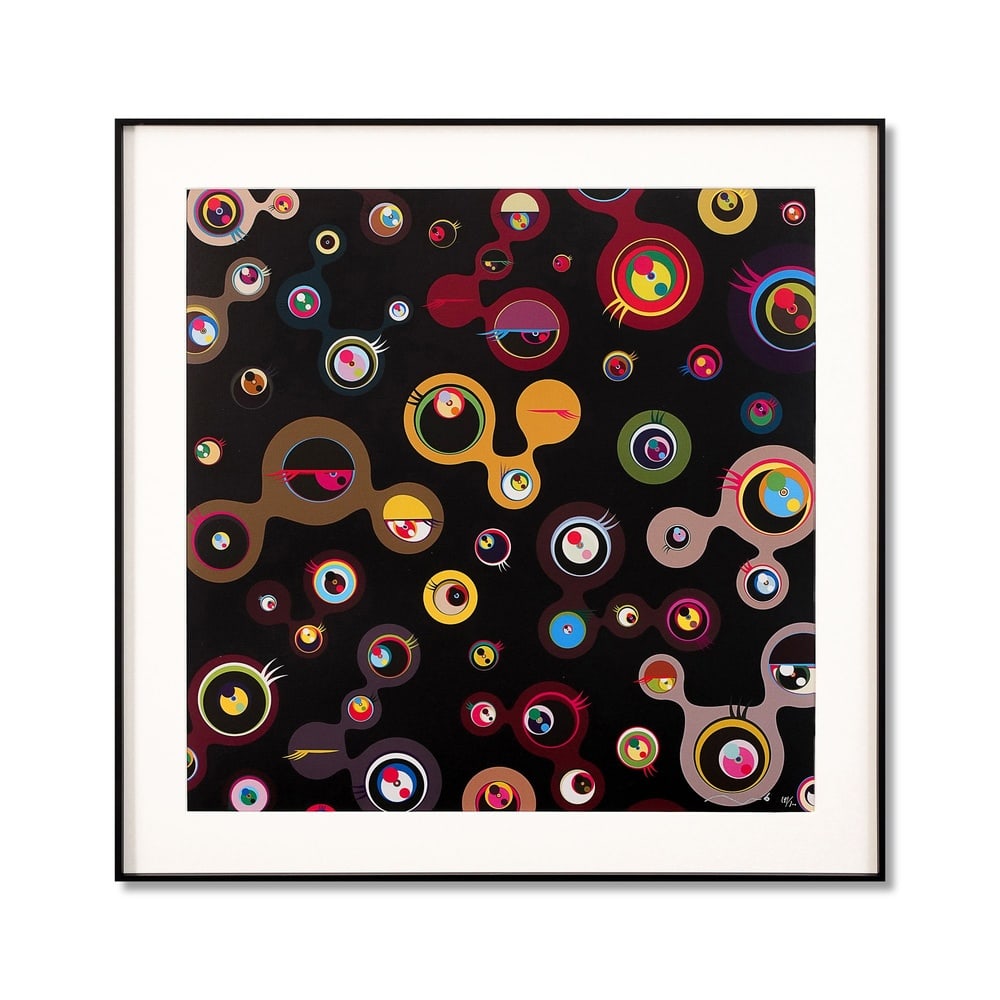 TAKASHI MURAKAMI (B.1962), OFFSET LITHOGRAPH: Signed (lower right) Image Dimensions: 19 1/2 x 19 1/2 in (49.5 x 49.5 cm) Framed Dimensions: 23 7/8 x 23 7/8 in (60.5 x 60.5 cm) Takashi Murakami (B. 1962), widely regarded as the foremost figure of 