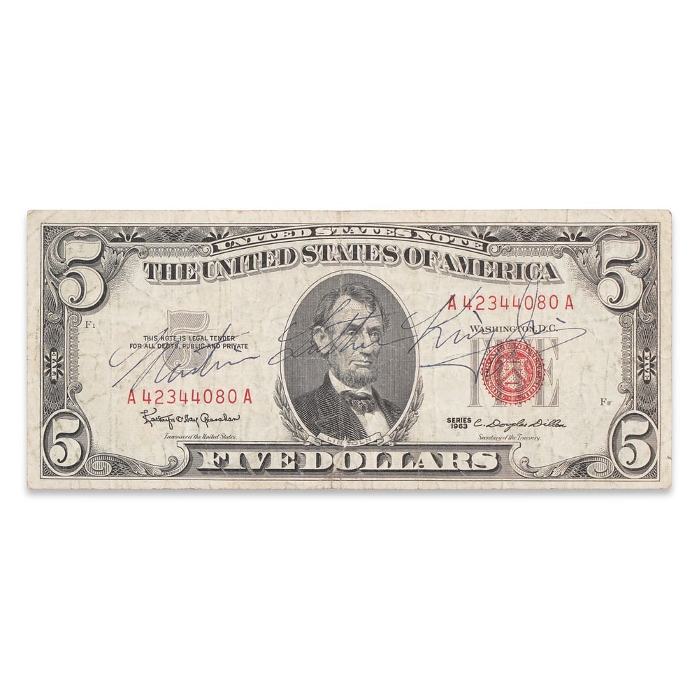 MARTIN LUTHER KING JR. SIGNED 1963 FIVE DOLLAR UNITED STATES NOTE: 6 1/8 x 2 1/2 in (15.5 x 6.5 cm) Provenance and Authentication: This collectible has undergone a rigorous forensic evaluation. The signatures were carefully analyzed across multiple criteria, includin