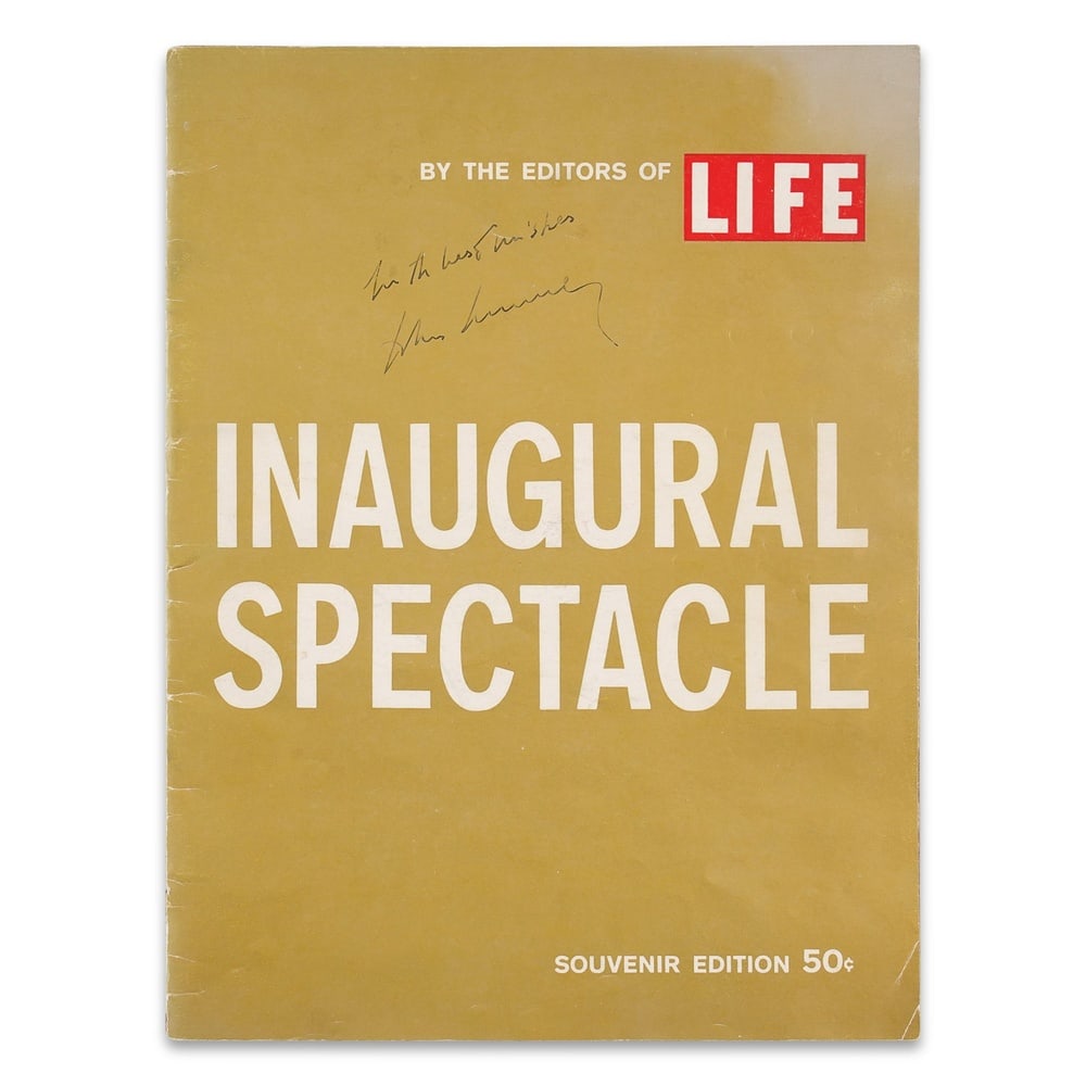 JOHN F. KENNEDY SIGNED LIFE "INAUGURAL SPECTACLE" SOUVENIR EDITION (1961): 11 1/8 x 8 1/4 in (28.1 x 20.9 cm) Provenance and Authentication: This collectible has undergone a rigorous forensic evaluation. The signatures were carefully analyzed across multiple criteria,