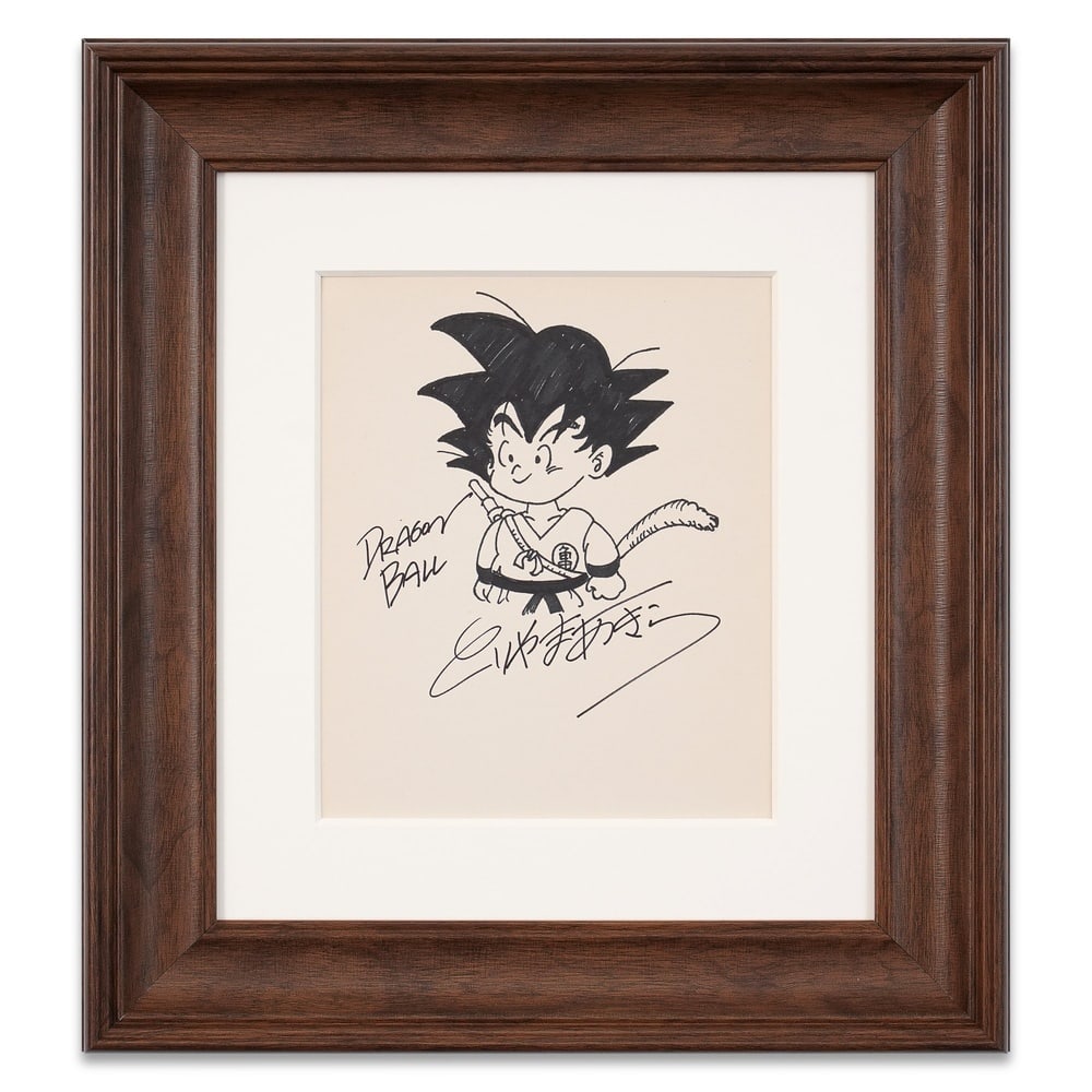 AKIRA TORIYAMA SIGNED DRAGON BALL DRAWING: Image Dimensions: 9 1/8 x 7 1/2 in (23.3 x 19 cm) Framed Dimensions: 17 3/8 x 15 1/2 in (44 x 39.5 cm) Provenance and Authentication: This collectible has undergone a rigorous forensic evaluation.