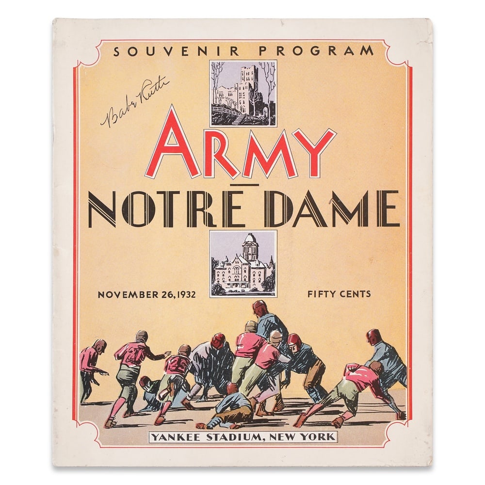 BABE RUTH SIGNED 1932 ARMY VS NOTRE DAME FOOTBALL SOUVENIR PROGRAM: 11 x 9 1/4 in (28 x 23.5 cm) Provenance and Authentication: This collectible has undergone a rigorous forensic evaluation. The signatures were carefully analyzed across multiple criteria, including in
