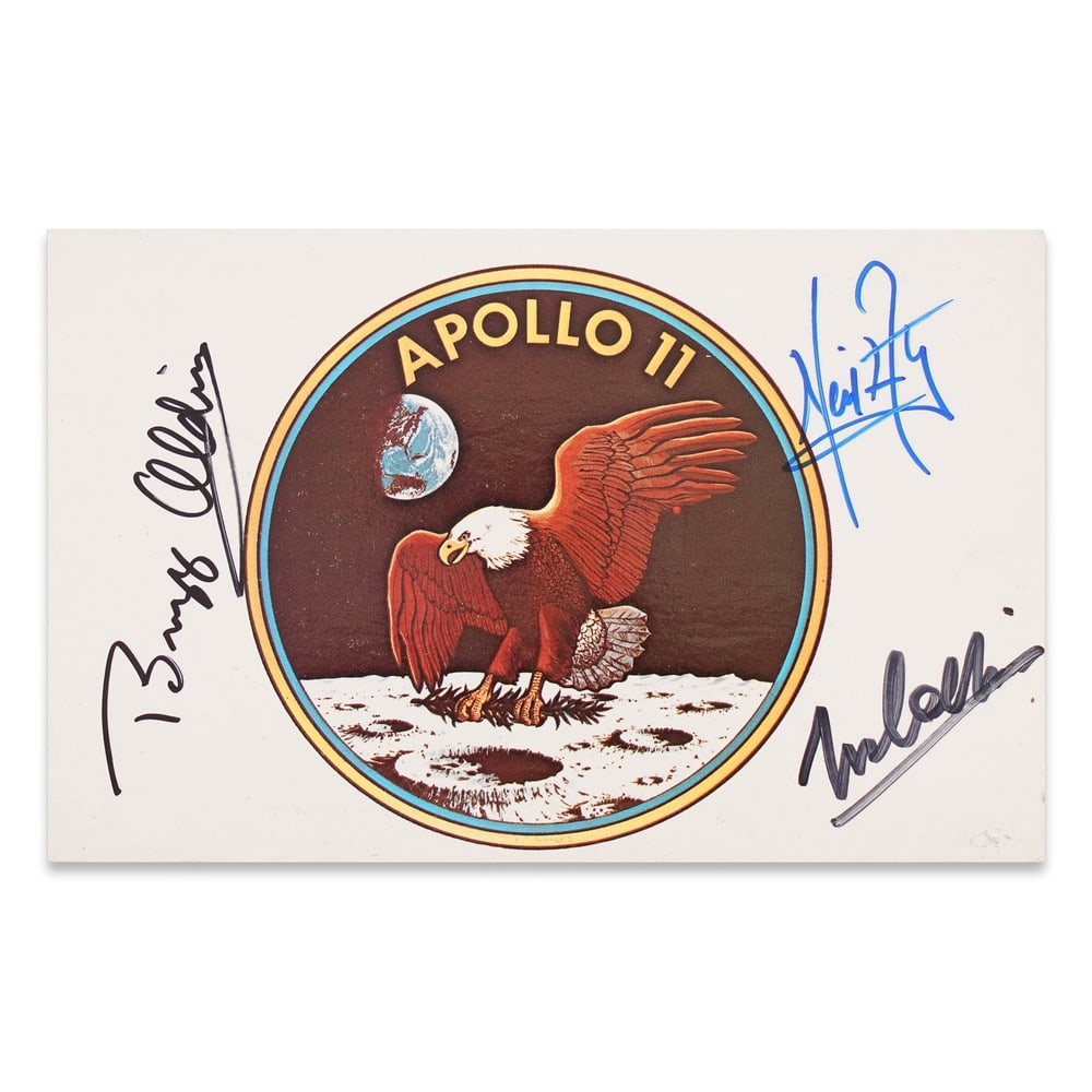 APOLLO 11 CREW FULLY SIGNED NASA APOLLO 11 INSIGNIA POSTCARD: 5 3/8 x 3 1/2 in (13.8 x 8.8 cm) Provenance and Authentication: This collectible has undergone a rigorous forensic evaluation. The signatures were carefully analyzed across multiple criteria,
