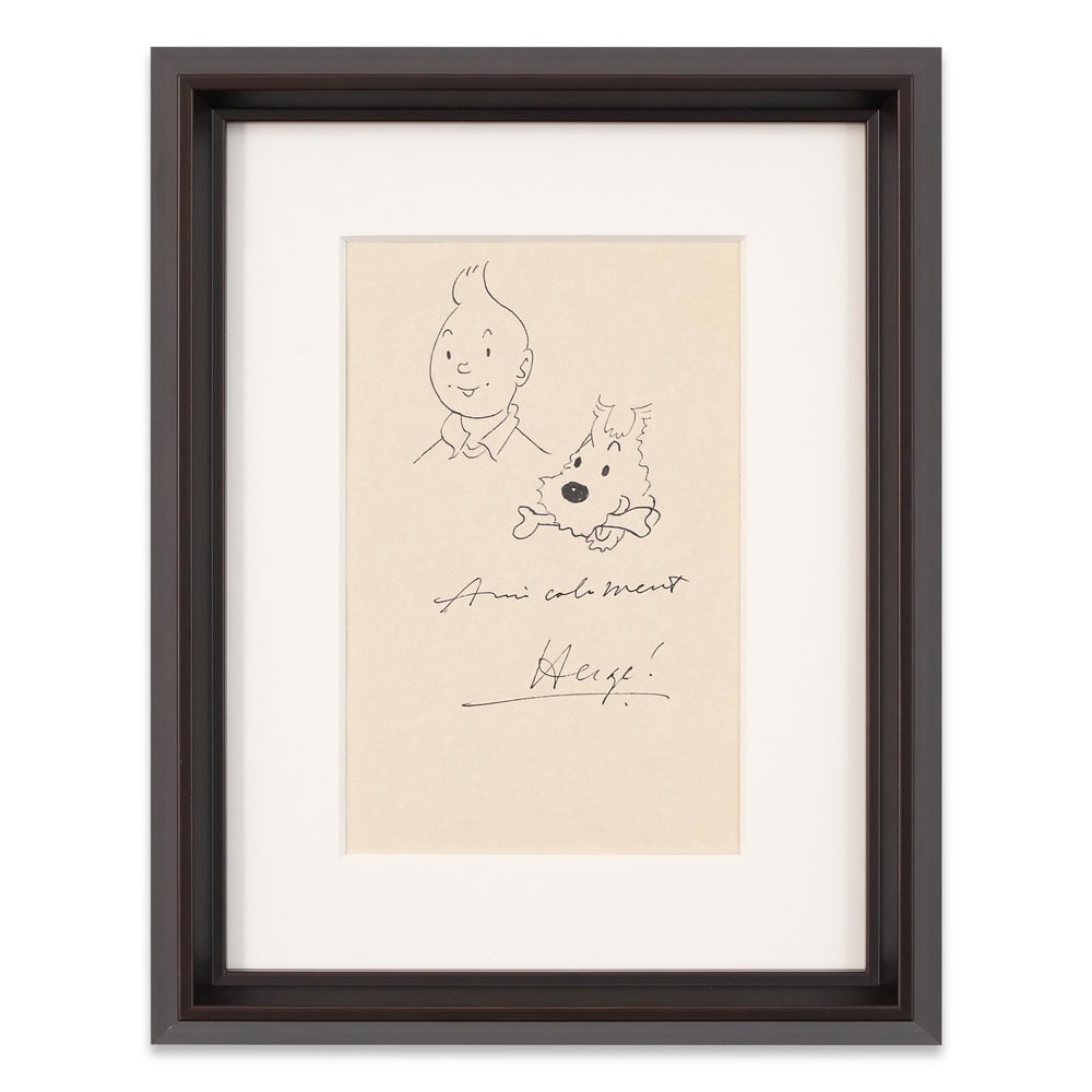 HERGÉ SIGNED TINTIN AND SNOWY HAND-DRAWN DRAWING: Image Dimensions: 9 1/4 x 5 7/8 in (23.5 x 15 cm) Framed Dimensions: 15 1/8 x 12 in (38.5 x 30.5 cm) Provenance and Authentication: This collectible has undergone a rigorous forensic evaluation. The