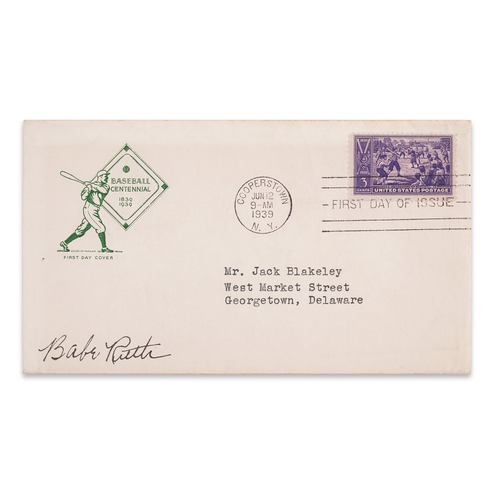 BABE RUTH SIGNED BASEBALL CENTENNIAL FIRST DAY COVER: 6 1/2 x 3 5/8 in (16.5 x 9.2 cm) Provenance and Authentication: This collectible has undergone a rigorous forensic evaluation. The signatures were carefully analyzed across multiple criteria, includin