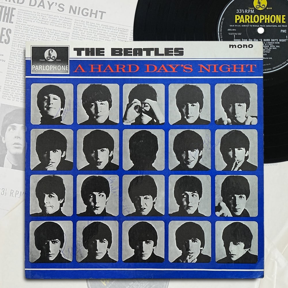 THE BEATLES FULLY SIGNED "A HARD DAY'S NIGHT" UK LP: 12 1/4 x 12 1/4 Provenance and Authentication: This collectible has undergone a rigorous forensic evaluation. The signatures were carefully analyzed across multiple criteria, including ink