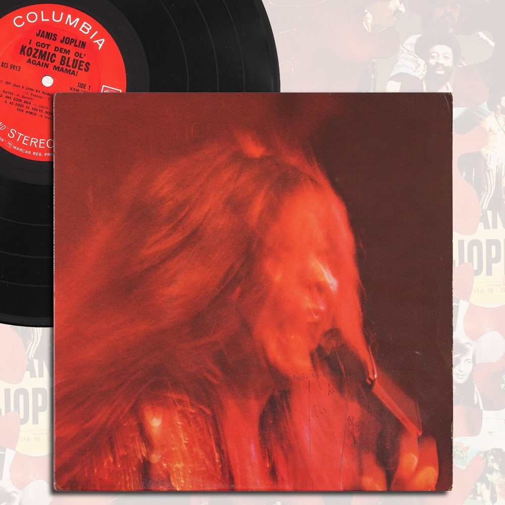 JANIS JOPLIN SIGNED "I GOT DEM OL' KOZMIC BLUES AGAIN MAMA!" LP: 12 1/4 x 12 1/4 Provenance and Authentication: This collectible has undergone a rigorous forensic evaluation. The signatures were carefully analyzed across multiple criteria, including ink deposition,