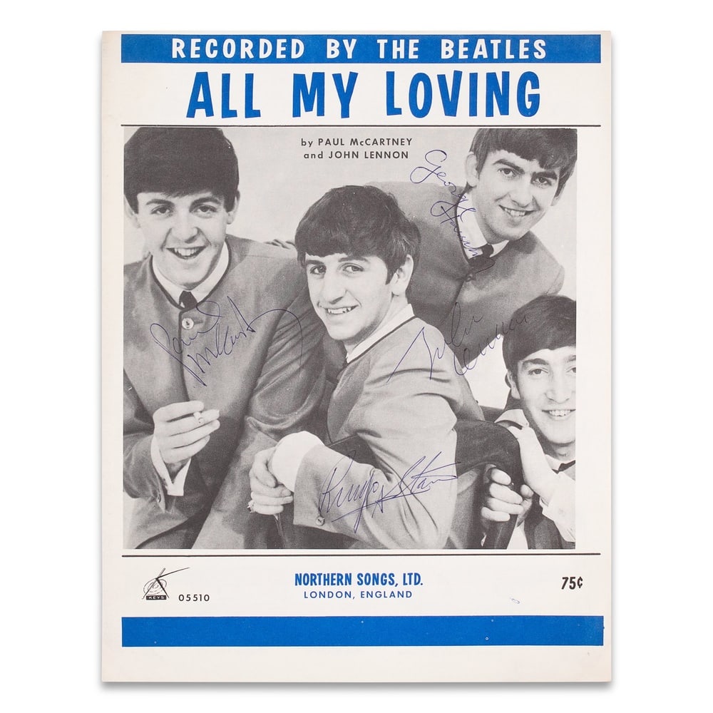 THE BEATLES SIGNED "ALL MY LOVING" SHEET MUSIC: 11 x 8 1/2 in (28 x 21.5 cm) Provenance and Authentication: This collectible has undergone a rigorous forensic evaluation. The signatures were carefully analyzed across multiple criteria, including in
