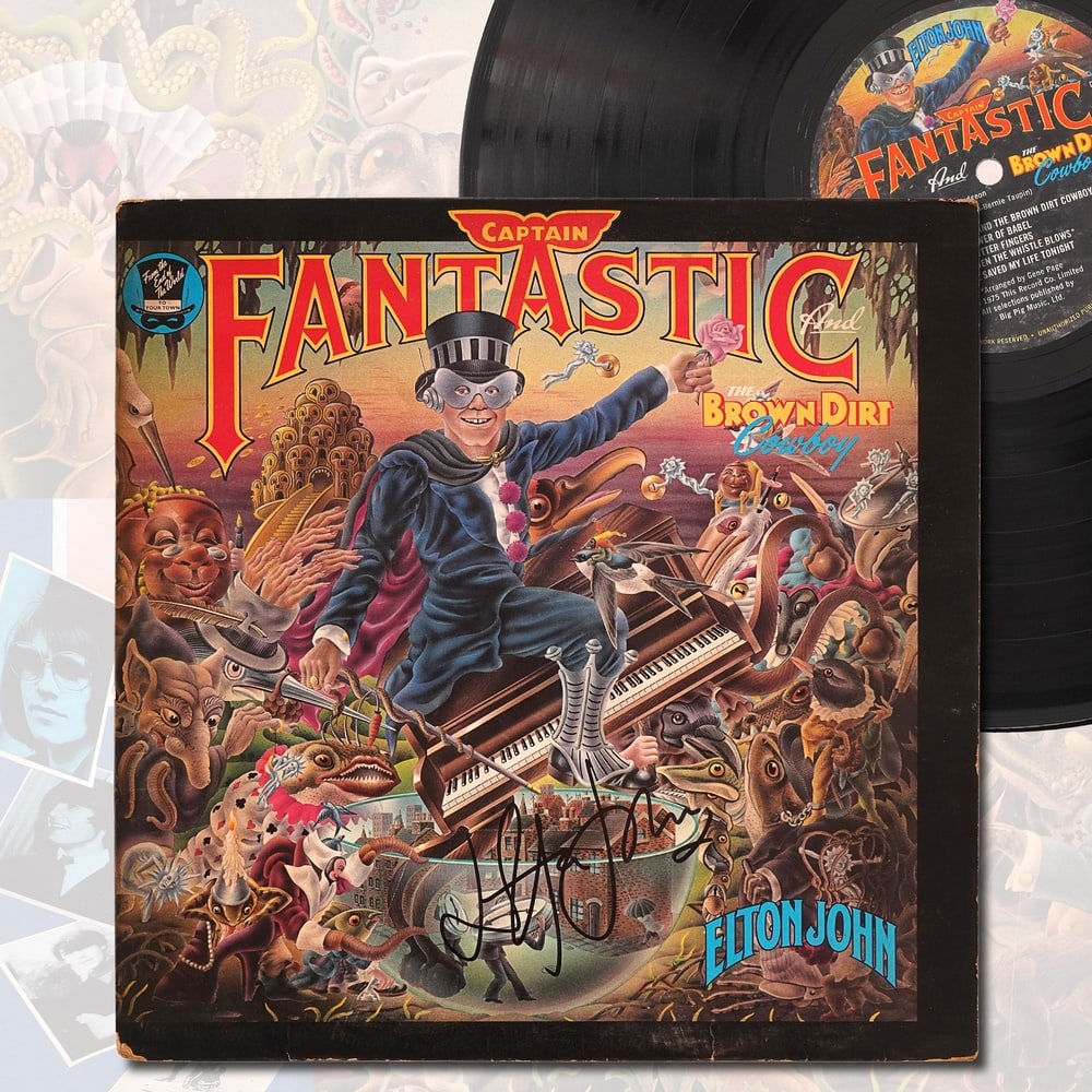 ELTON JOHN SIGNED "CAPTAIN FANTASTIC AND THE BROWN DIRT COWBOY" LP: 12 1/4 x 12 1/4 Provenance and Authentication: This collectible has undergone a rigorous forensic evaluation. The signatures were carefully analyzed across multiple criteria, including ink