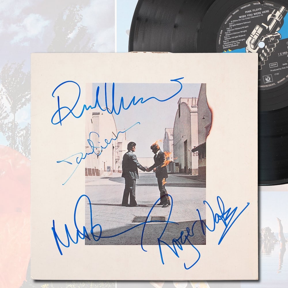 PINK FLOYD FULLY SIGNED "WISH YOU WERE HERE" LP: 12 1/4 x 12 1/4 Provenance and Authentication: This collectible has undergone a rigorous forensic evaluation. The signatures were carefully analyzed across multiple criteria, including ink deposition,