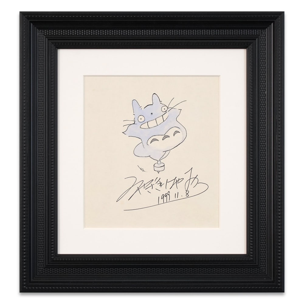 HAYAO MIYAZAKI SIGNED HAND-DRAWN SKETCH: Image Dimensions: 10 3/8 x 9 1/8 in (26.5 x 23.2 cm) Framed Dimensions: 19 1/4 x 18 1/8 in (49 x 46 cm) Provenance and Authentication: This collectible has undergone a rigorous forensic evaluation.