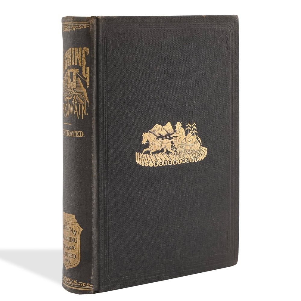 MARK TWAIN SIGNED "ROUGHING IT": 8 7/8 x 6 1/8 in (22.7 x 15.5 cm) Provenance and Authentication: This collectible has undergone a rigorous forensic evaluation. The signatures were carefully analyzed across multiple criteria, includi