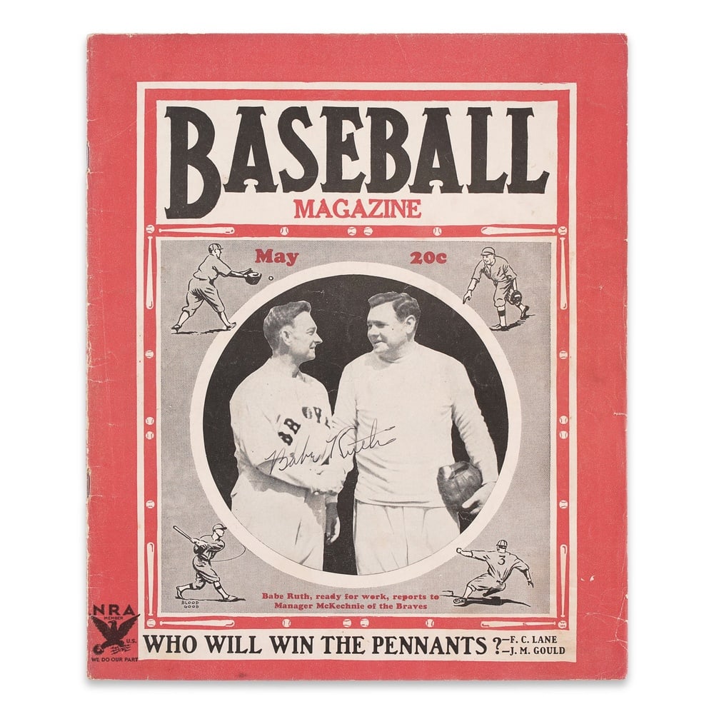 BABE RUTH SIGNED BASEBALL MAGAZINE: 11 1/4 x 9 3/8 in (28.7 x 23.8 cm) Provenance and Authentication: This collectible has undergone a rigorous forensic evaluation. The signatures were carefully analyzed across multiple criteria, includ