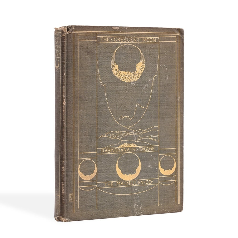 RABINDRANATH TAGORE SIGNED BOOK "THE CRESCENT MOON": 7 5/8 x 5 5/8 in (19.5 x 14.2 cm) Provenance and Authentication: This collectible has undergone a rigorous forensic evaluation. The signatures were carefully analyzed across multiple criteria,
