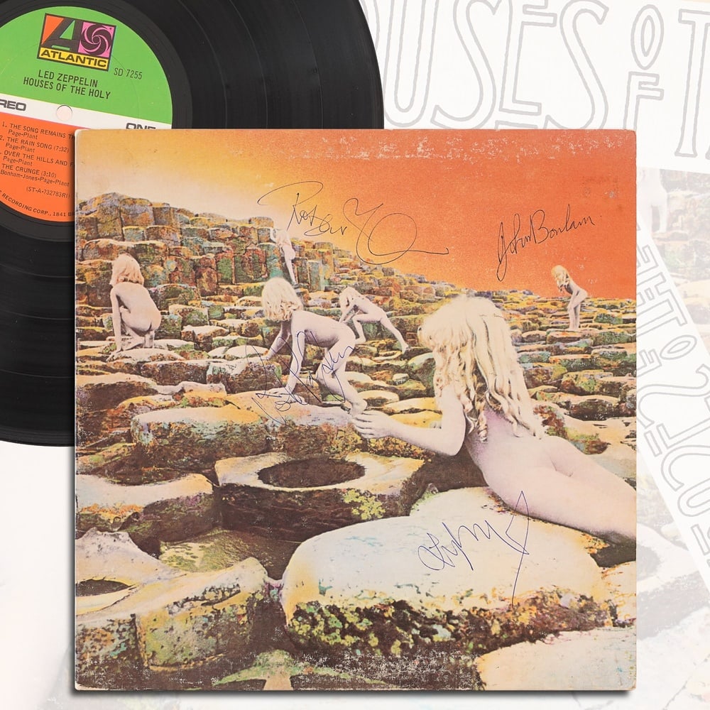 LED ZEPPELIN FULLY SIGNED "HOUSES OF THE HOLY" LP: 12 1/4 x 12 1/4 in Provenance and authentication: This collectible has undergone a rigorous forensic evaluation. The signatures were carefully analyzed across multiple criteria, including ink