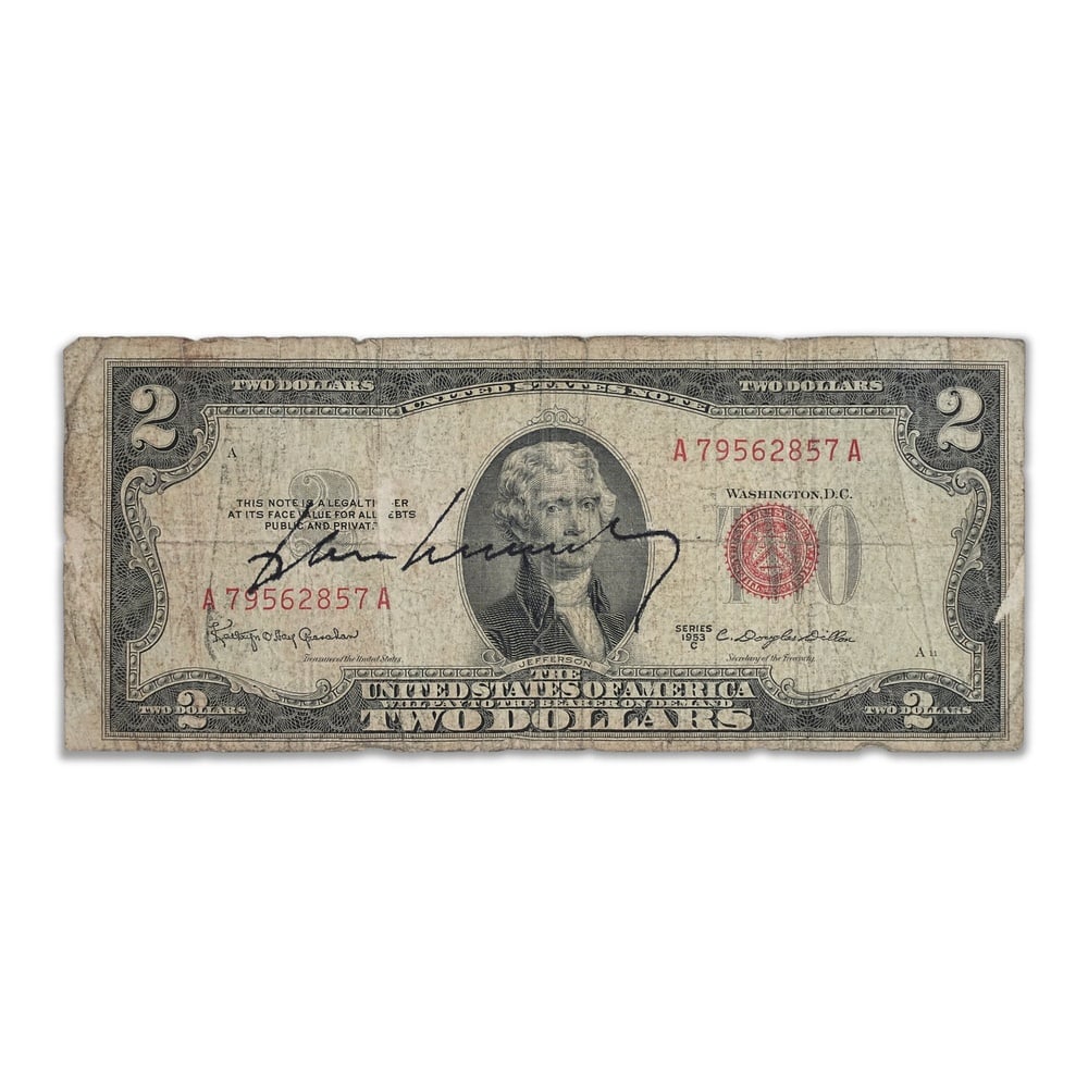 JOHN F. KENNEDY SIGNED 1953C TWO DOLLAR NOTE: 6 1/8 x 2 1/2 in (15.5 x 6.5 cm) Provenance and Authentication: This collectible has undergone a rigorous forensic evaluation. The signatures were carefully analyzed across multiple criteria,