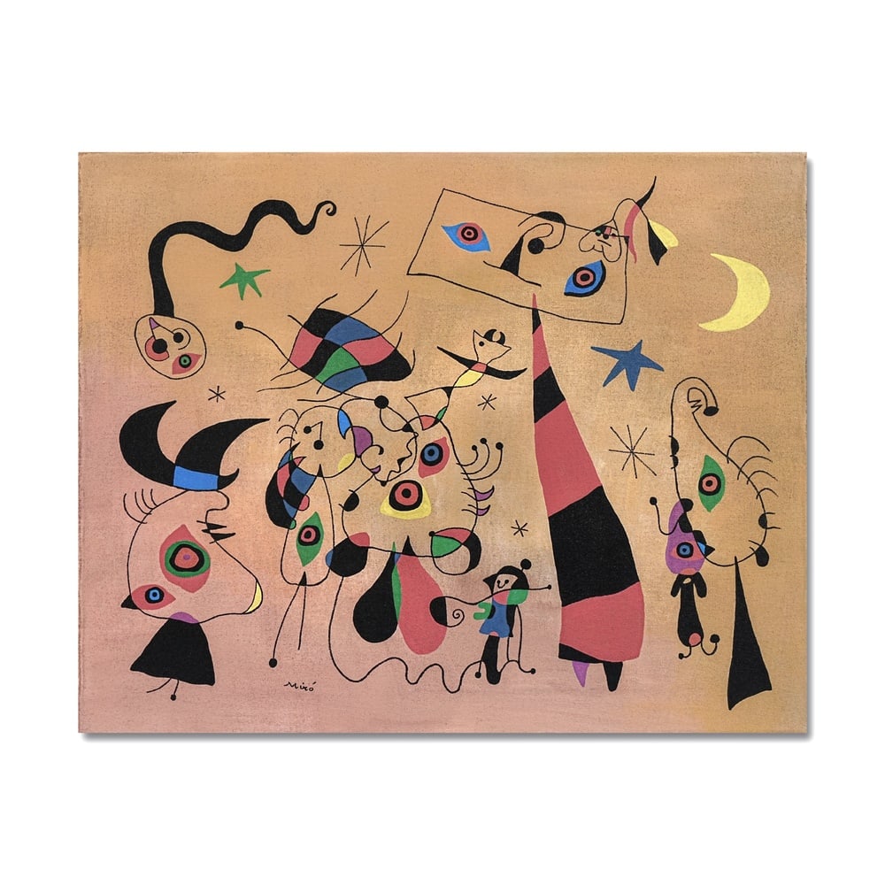 JOAN MIRO (1893-1983), ATTRIBUTED TO, OIL AND CASEIN PAINT ON CANVAS: Signed (lower left and verso) Image Dimensions: 24 x 30 1/4 in (61 x 76.5 cm) This painting comes with COA. Joan Miró, one of the most poetic voices of twentieth-century modernism, developed a