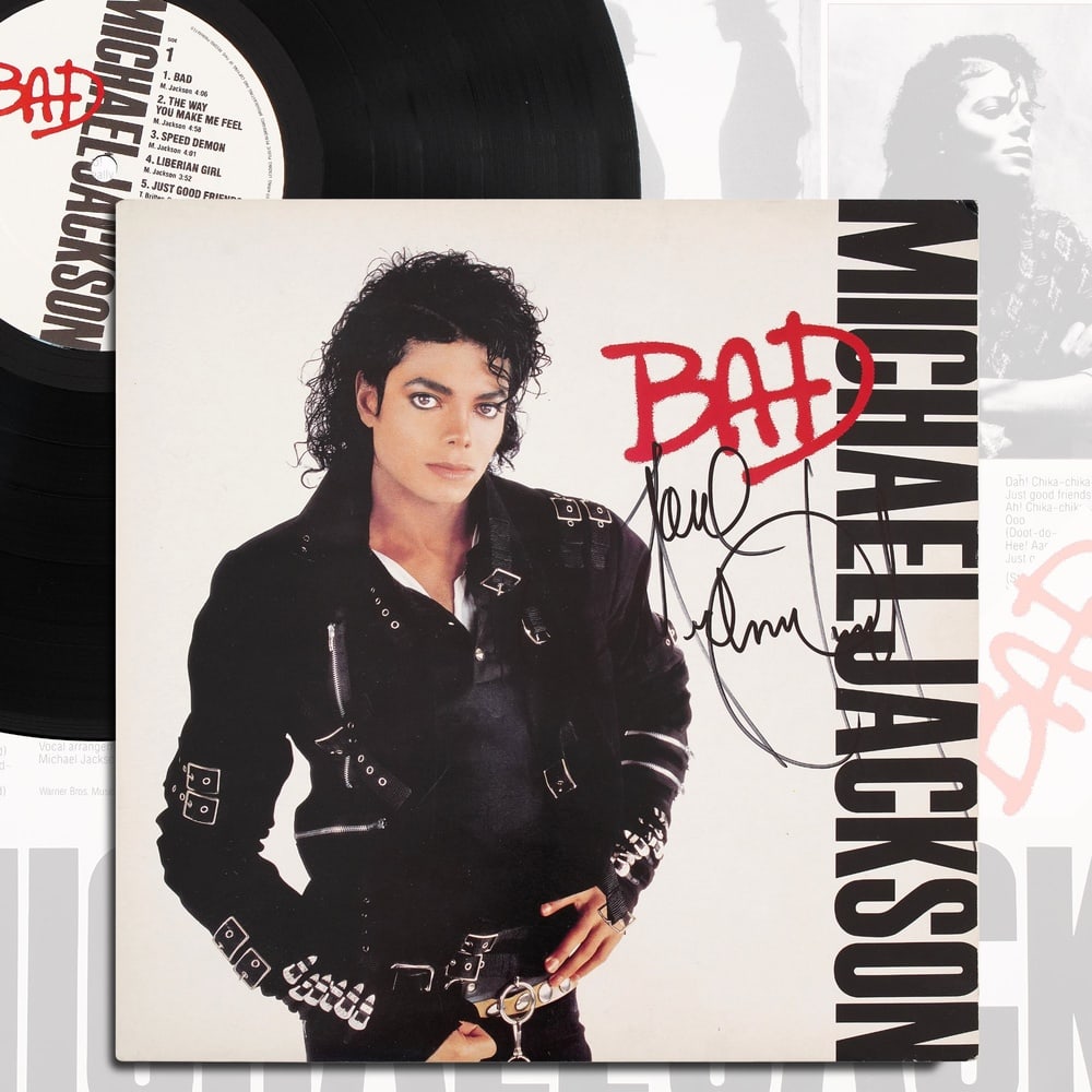 MICHAEL JACKSON SIGNED "BAD" LP (EPIC RECORDS EDITION): 12 1/4 x 12 1/4 in Provenance and Authentication: This collectible has undergone a rigorous forensic evaluation. The signatures were carefully analyzed across multiple criteria, including ink depositi