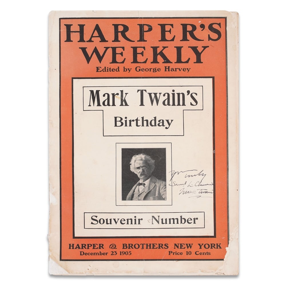 MARK TWAIN SIGNED HARPER'S WEEKLY "MARK TWAIN'S BIRTHDAY" SOUVENIR NUMBER: 13 3/4 x 9 5/8 in (34.8 x 24.3 cm) Provenance and Authentication: This collectible has undergone a rigorous forensic evaluation. The signatures were carefully analyzed across multiple criteria,