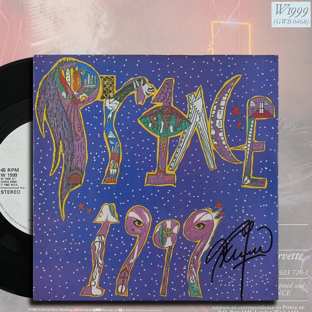PRINCE SIGNED "1999" 7-INCH VINYL SINGLE: 12 1/4 x 12 1/4 in Provenance and Authentication: This collectible has undergone a rigorous forensic evaluation. The signatures were carefully analyzed across multiple criteria, including ink depositi