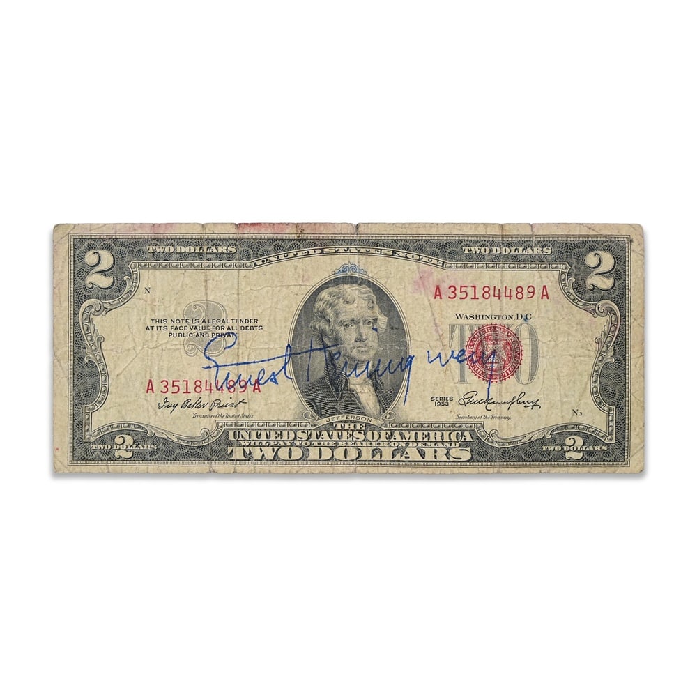 ERNEST HEMINGWAY SIGNED SERIES 1953 U.S. TWO DOLLAR NOTE: 6 1/8 x 2 5/8 in (15.6 x 6.6 cm) Provenance and Authentication: This collectible has undergone a rigorous forensic evaluation. The signatures were carefully analyzed across multiple criteria,