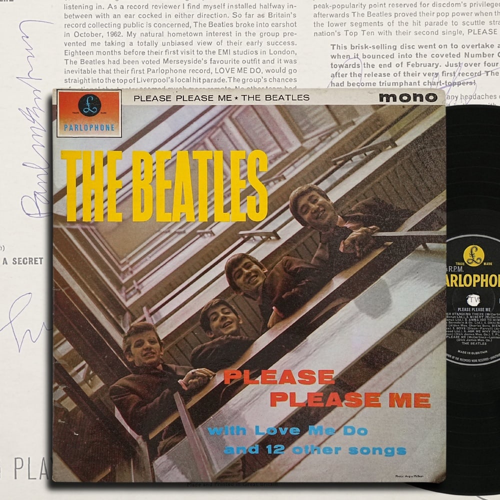 THE BEATLES FULLY SIGNED "PLEASE PLEASE ME" UK FIRST PRESS MONO LP: 12 1/4 x 12 1/4 in Provenance and Authentication: This collectible has undergone a rigorous forensic evaluation. The signatures were carefully analyzed across multiple criteria, including ink depositi