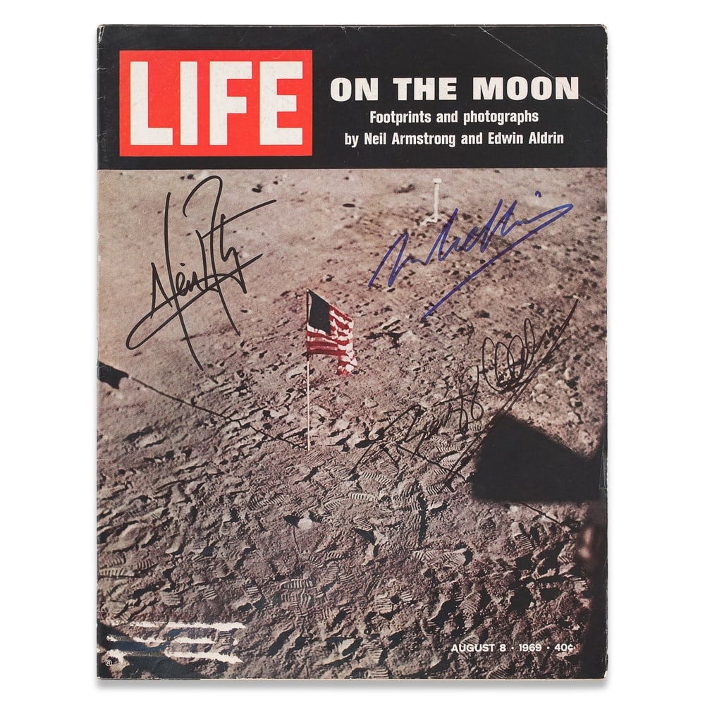 APOLLO 11 CREW FULLY SIGNED LIFE MAGAZINE - "ON THE MOON" AUGUST 8, 1969: 13 5/8 x 10 1/2 in (34.7 x 26.6 cm) Provenance and Authentication: This collectible has undergone a rigorous forensic evaluation. The signatures were carefully analyzed across multiple criteria,