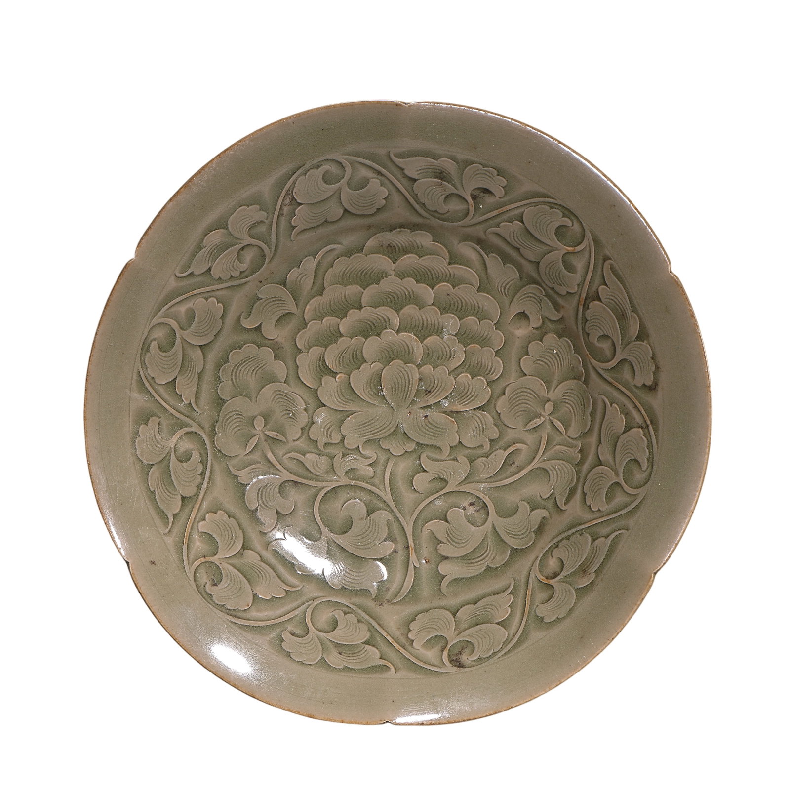 A Fine Yaozhou Celadon Carved Peony Six-Lobed Dish, Northern Song Dynasty (960–1127)