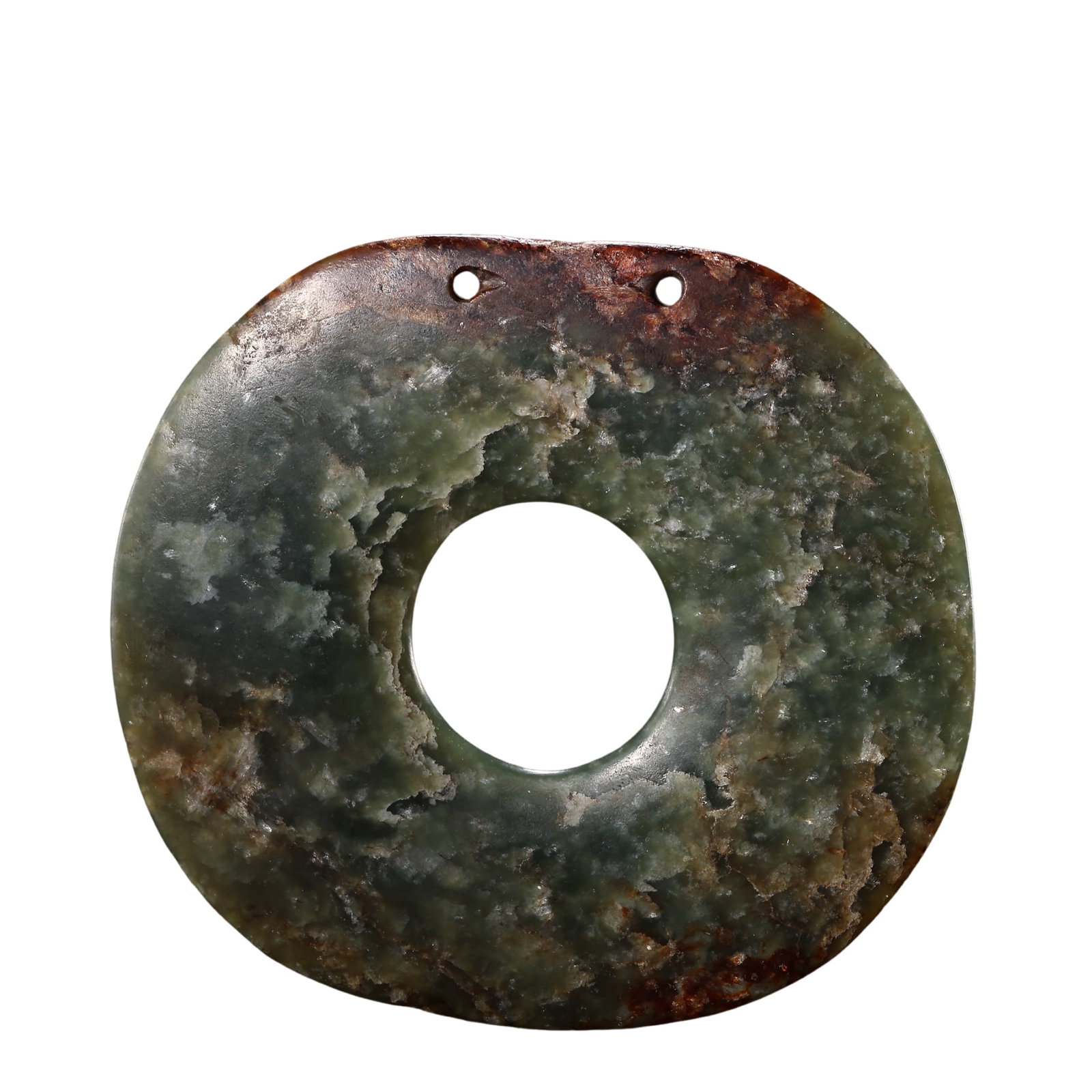 Hongshan Culture Hemo Jade Ritual Bi Disc, Neolithic Period (7500–2900 BCE): Dimensions & Weight: Diameter: 11 cm (4.33 in); Weight: 131 g; 8th–3rd Millennium BCECondition & Provenance: Overall in very good condition. Carved from Hemo jade, the disc displays a rich dark gree