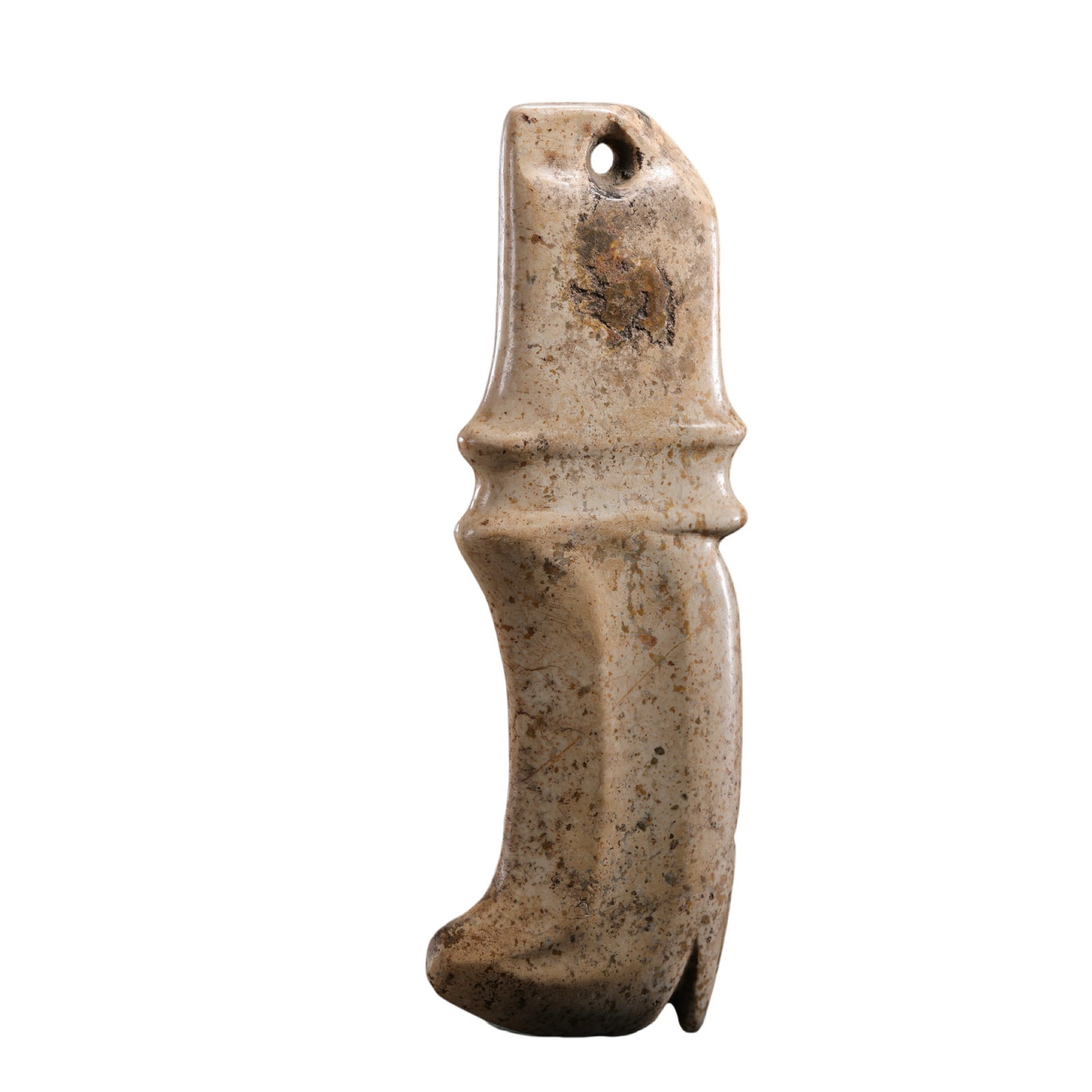 Hongshan Culture Chicken-Bone White Jade Bamboo-Form Pendant (7500–2900 BCE): Dimensions & Weight: Height: 9.8 cm (3.86 in); Width: 3.6 cm (1.42 in); Weight: 44 g; Neolithic PeriodCondition & Provenance: Overall in very good condition. Finely carved from chicken-bone white jade
