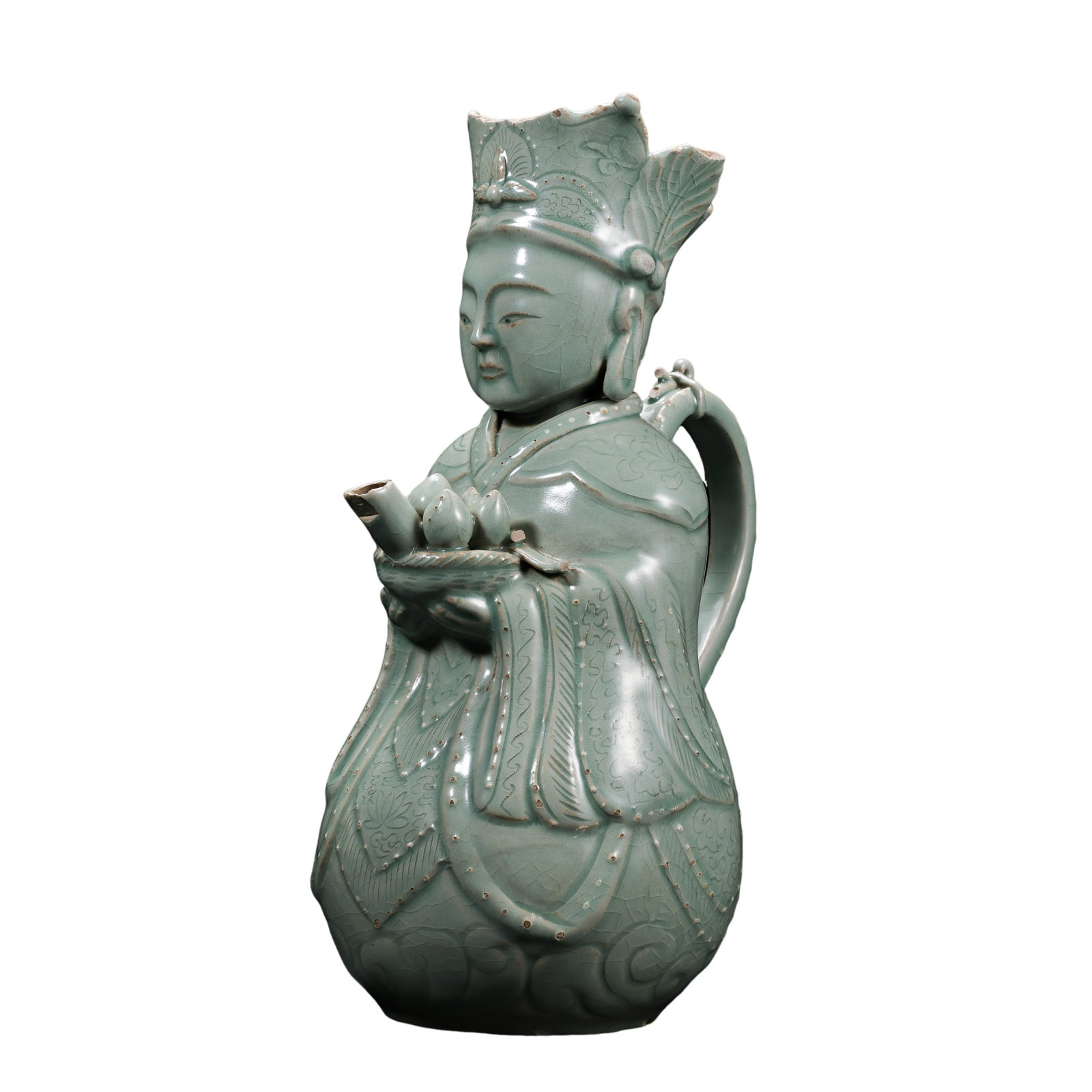 Korean Goryeo Celadon Ewer in the Form of a Court Figure Holding Lotus Blossoms (Goryeo Dynasty,: Dimensions:Height: 33 cm (12.99 in); Century: 12th–13th CenturyCondition & Provenance:Overall in good condition. Covered with an elegant celadon glaze of soft jade-green tone with naturally develope