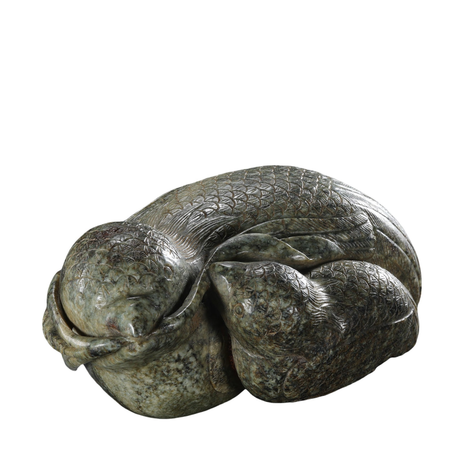 Fine Hetian Jade Carving of Mandarin Ducks Resting Among Lotus LeavesQing Dynasty: Dimensions: Length: 13.5 cm (5.31 in); Height: 6.5 cm (2.56 in); Weight: 954 g; Century: 18th–19th CenturyCondition & Provenance:Overall in very good condition. Finely carved from a single piece of 