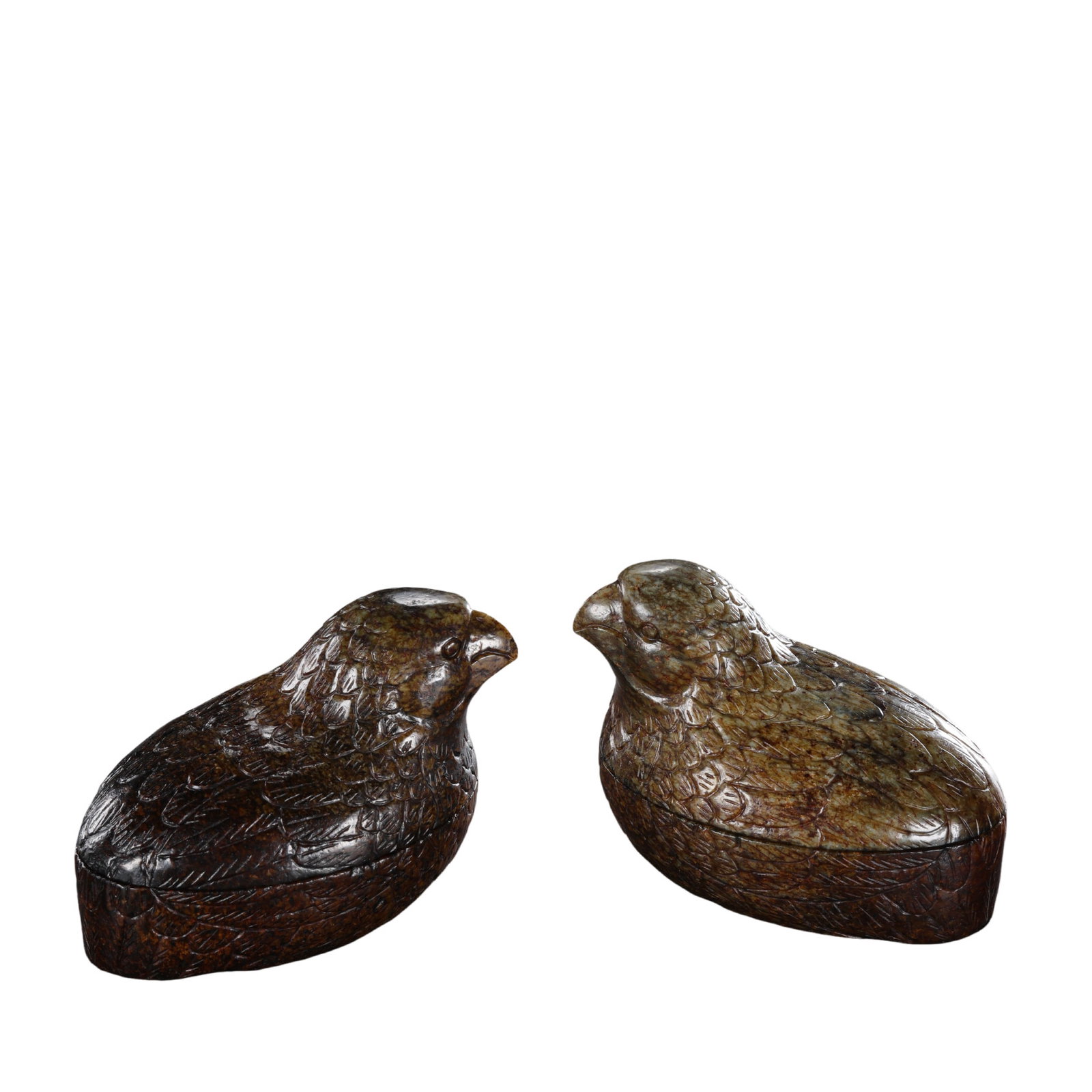 Pair of Hetian Jade Carved Covered Boxes in the Form of Golden PheasantsQing Dynasty: Dimensions: Length: 8.5 cm (3.35 in); Height: 6.4 cm (2.52 in); Weight: 420 g; Century: 18th–19th Century Condition & Provenance:Overall in very good condition. Finely carved from Hetian jade with a