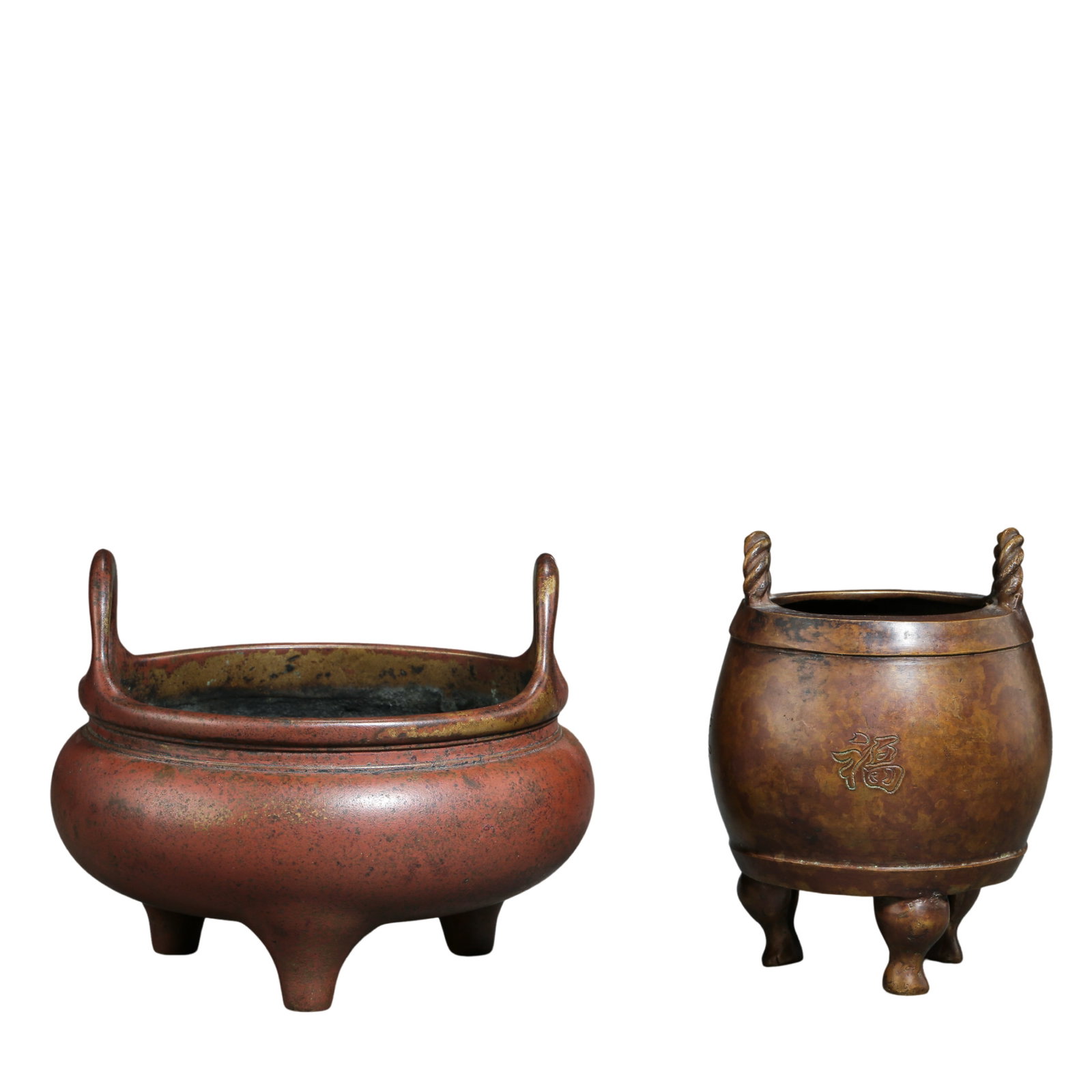 A Matched Group of Xuande Bronze Incense Burners, Consisting of an Upright-Handle Tripod Censer and: Dimensions & Weight Upright-Handle Tripod Censer: Length 13.5 cm (5.31 in); Height 15 cm (5.91 in); Weight 963 g.Twisted-Handle Tripod Censer: Width 7.5 cm (2.95 in); Height 11 cm (4.33 in); Weight 44