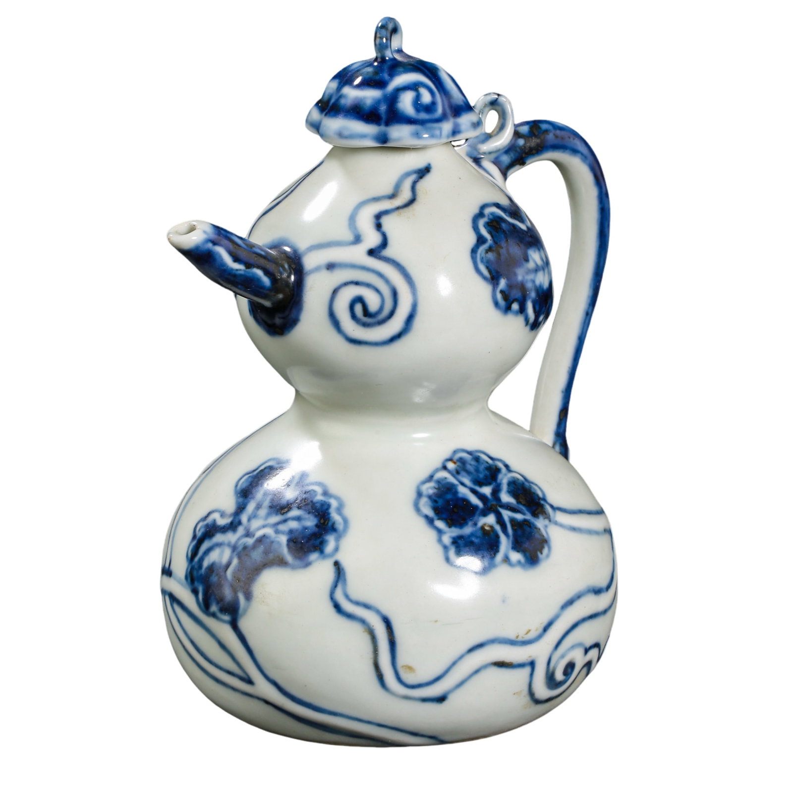 Fine Blue and White Double-Gourd Ewer with Floral Scroll Decoration, Yongle Period, Ming Dynasty: Dimensions: Height: 13 cm (5.12 in); 15th Century.Condition & Provenance: The double-gourd ewer retains its original cover, spout, and handle. The cobalt-blue decoration remains vibrant beneath a lust