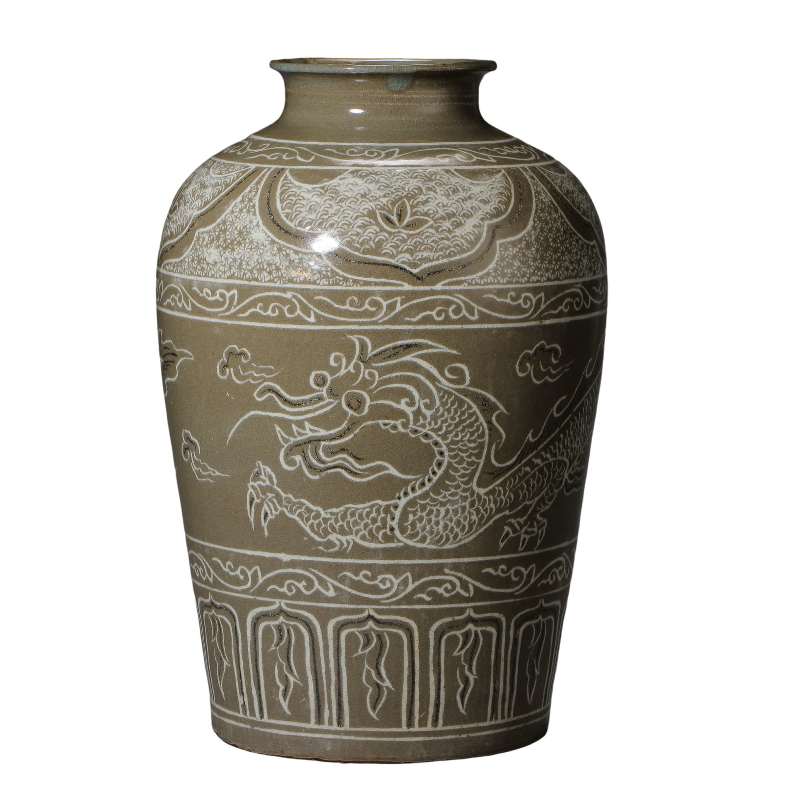 Korean Goryeo Dynasty Celadon Vase with White-Slip Dragon Decoration, 12th–13th Century (1 of 9)