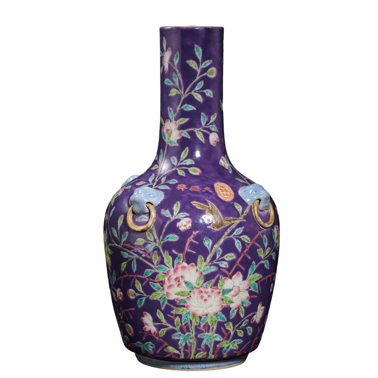 Guangxu Period, Qing Dynasty "Dayazhai" Style Purple-Ground Famille Rose Vase with Elephant Ring: Dimensions: Height: 35 cm (13.78 in); Mouth Diameter: 6.6 cm (2.60 in); 19th Century.Condition & Provenance: Overall well preserved. The glaze remains glossy, with vibrant famille rose enamels and an 