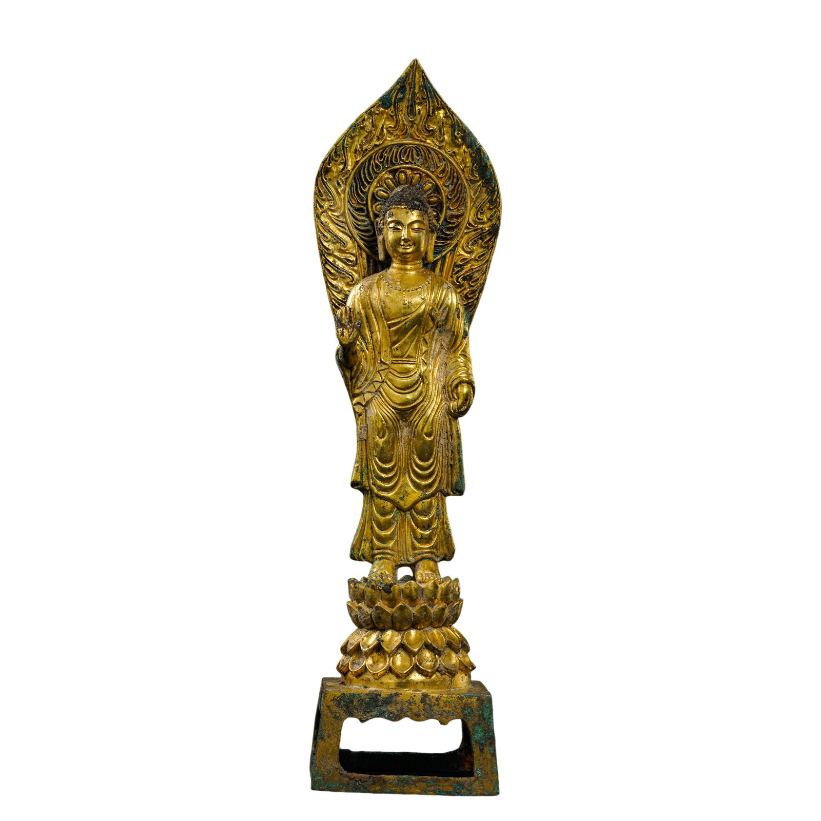 Northern Wei Dynasty Gilt-Bronze Standing Buddha: Dimensions: Height: 35.5 cm (13.98 in); Width: 9 cm (3.54 in); Weight: 1,840 g; 5th–6th Century.Condition & Provenance: Overall in very good condition. Finely cast in bronze with substantial origina