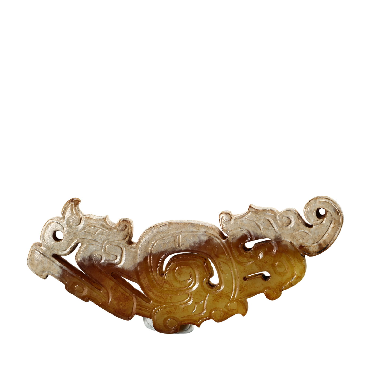 Western Zhou Hetian Jade Openwork Double-Dragon Pendant: Dimensions: 11th–8th Century BCE (Western Zhou); L. 7.9 cm × H. 3.3 cm (3.11 × 1.30 in.); Weight: 21 gCondition & Provenance: Finely carved from Hetian jade with an attractive russet patina and ar