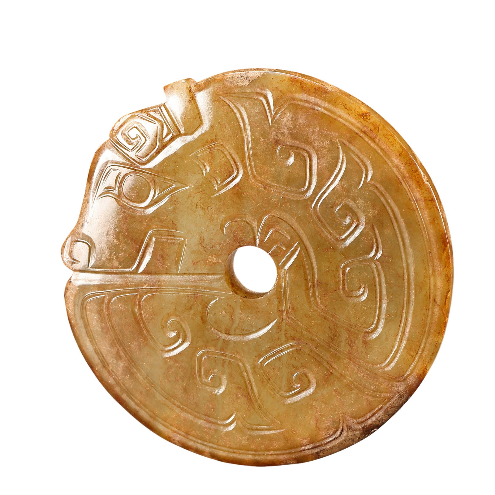 Western Zhou Dynasty Hetian Jade Dragon Pattern Bi Disc: Dimensions: 11th–8th Century BCE (Western Zhou Dynasty); Diameter 6.3 cm × H. 6.35 cm (2.48 × 2.50 in.); Weight: 57 gCondition & Provenance: Finely carved from Hetian jade with a warm yellow-brown